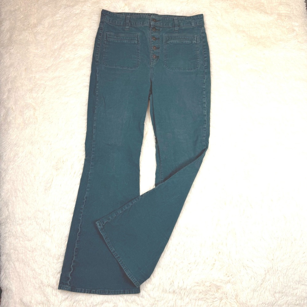 American Eagle Flare Pants Womens 12 Teal Hi-Rise Corduroy Boho 70s Jewel Tone